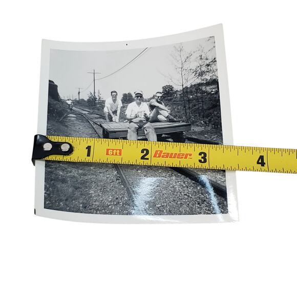 Vtg Monochrome Photography Men Sitting on Railroad Cart Found Snapshot - Picture 3 of 4